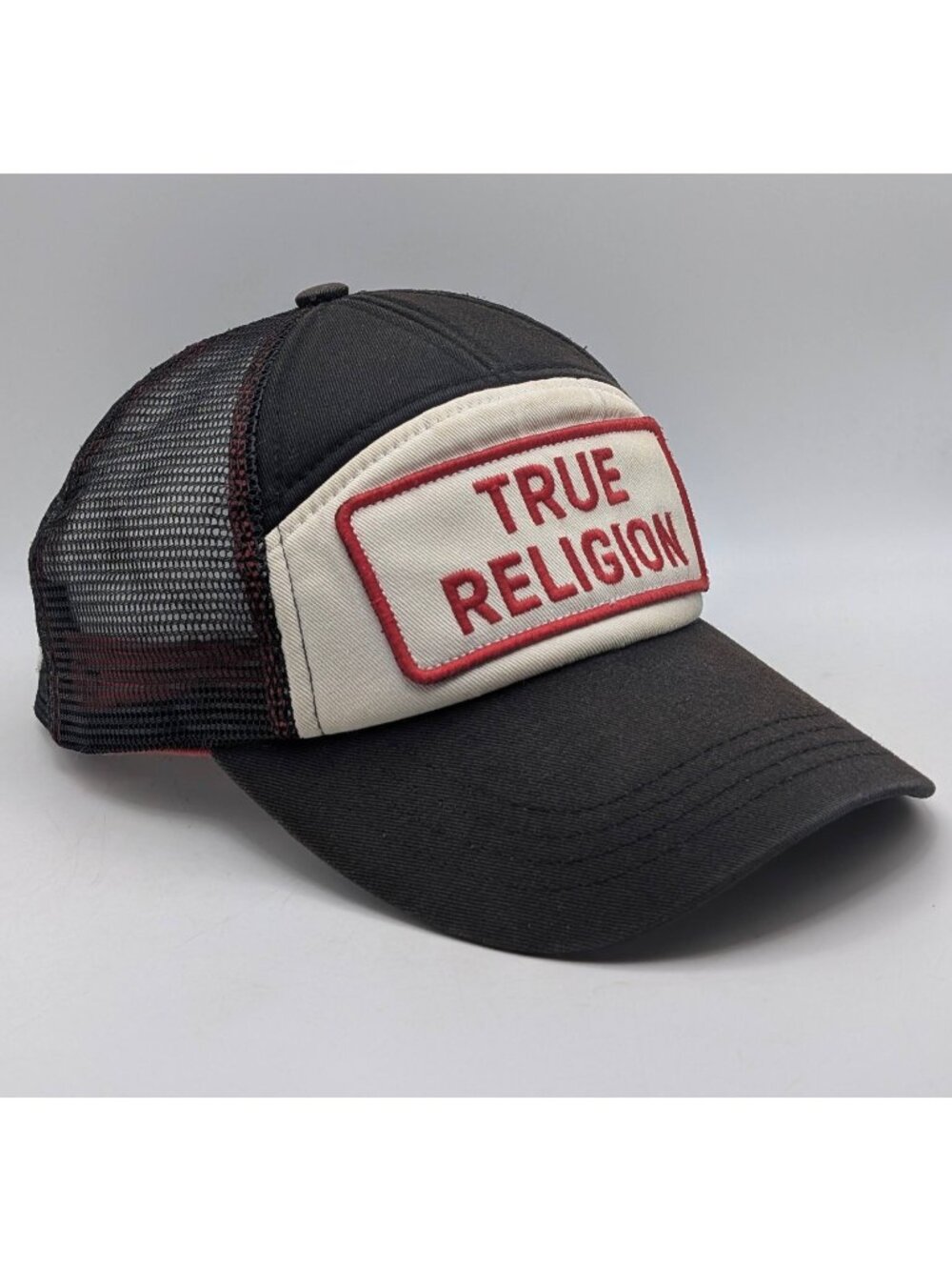True Religion Hat Cap Snapback Black Red Trucker Mesh Patch Vintage Retro Y2K
